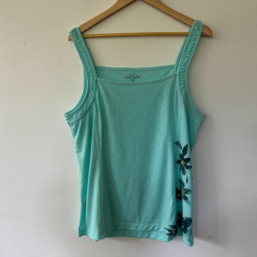 Eddie Bauer Tank Top Womens 2XL Teal Square Neck Sleeveless Top Floral Cottage